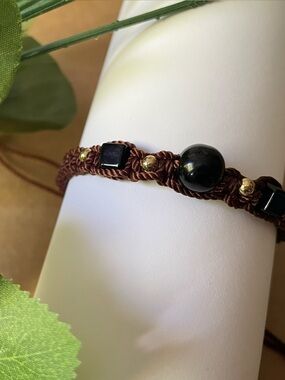 Handcrafted Brown Adjustable Macrame Bracelet with Black and Gold Beads